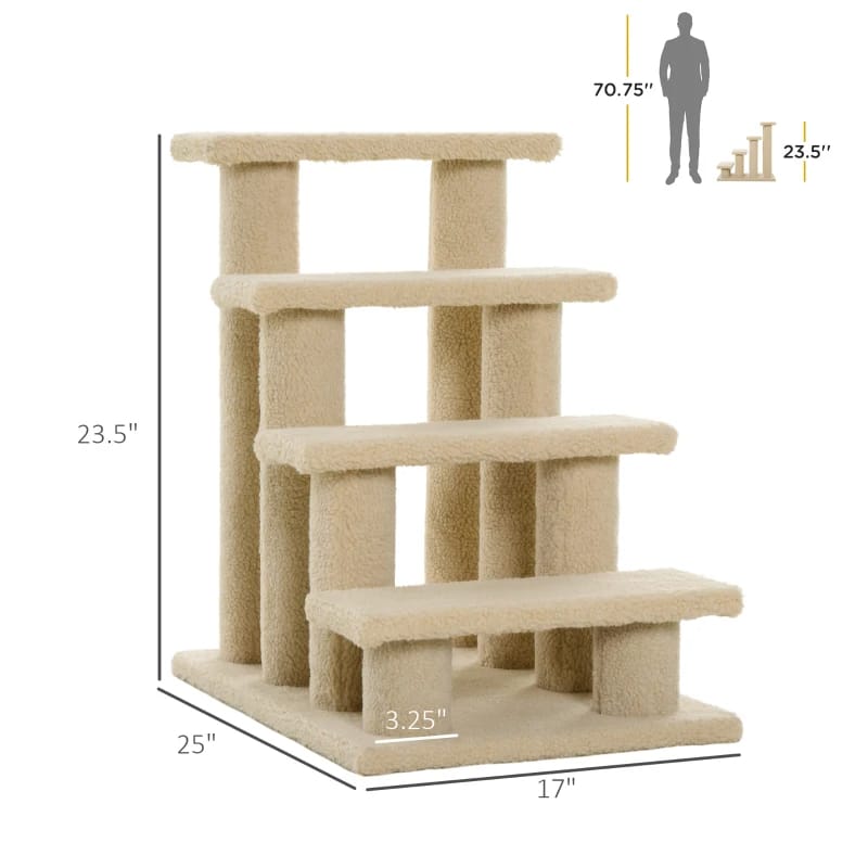 4-Step Carpeted Cat Scratching Post Stairs, Cream White