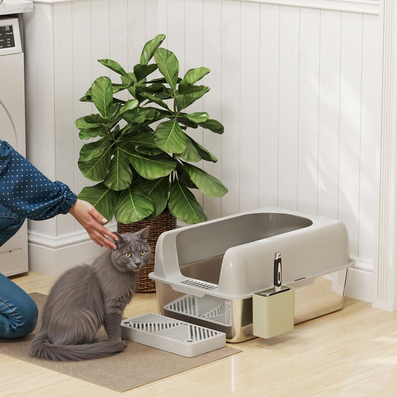 High-Sided Stainless Steel Cat Litter Box with Scoop, Light Gray