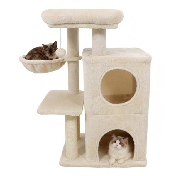 Beige 33.5" Multi-Level Cat Tree with 2-Tier Condo & Sisal Scratching Posts
