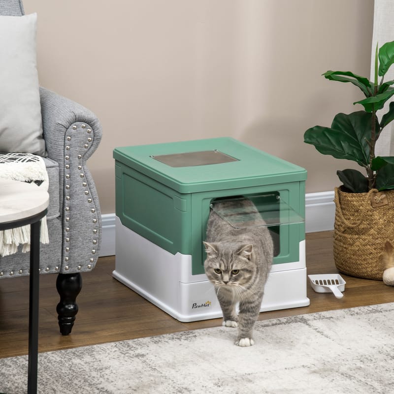 Fully Enclosed Cat Litter Box, Green & White