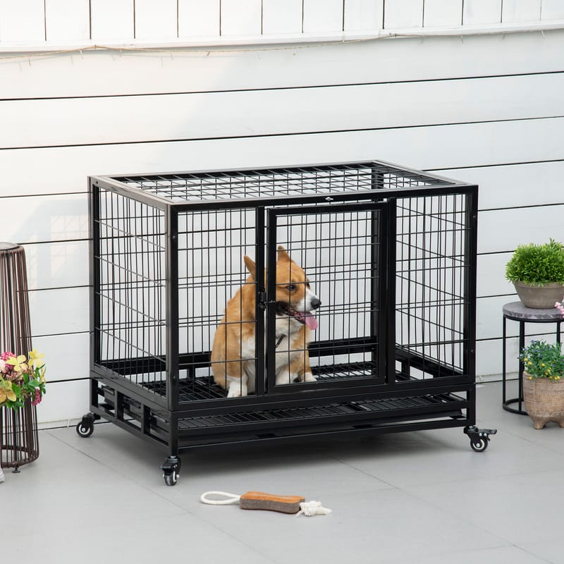36" Heavy Duty Dog Crate with Removable Tray, Lockable Wheels & Double Door, Black
