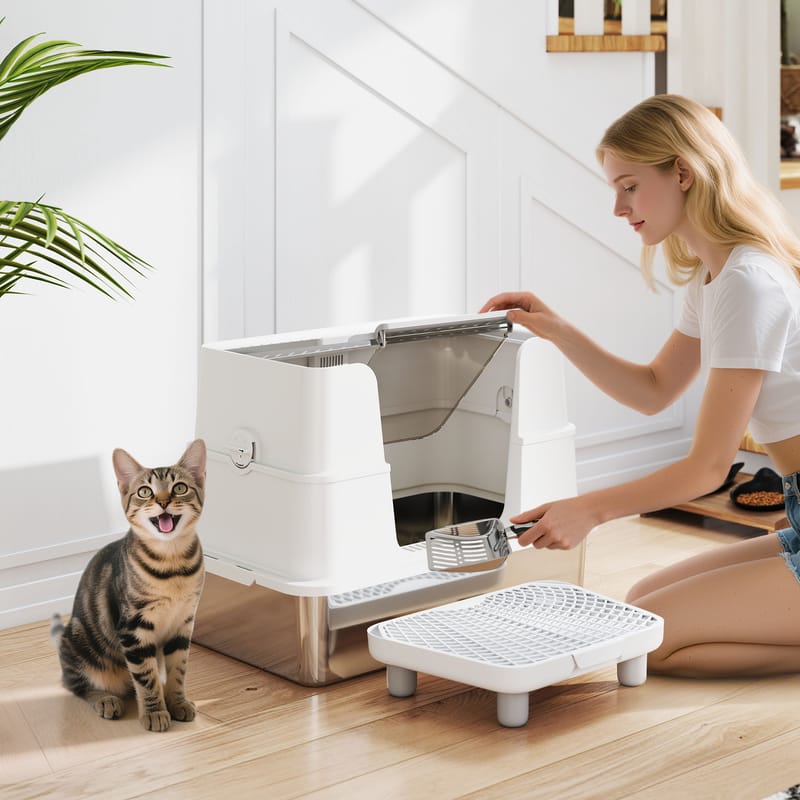 XL Stainless Steel Cat Litter Box with Flip Top & Scoop
