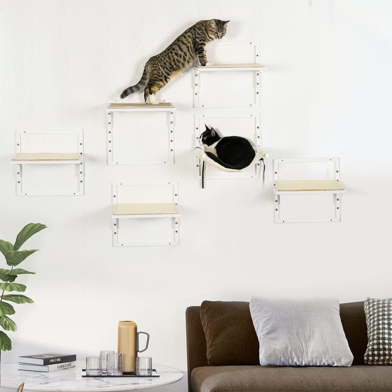 Modern Cat Wall Shelves With Hammock, 6-Piece Set, Cream White