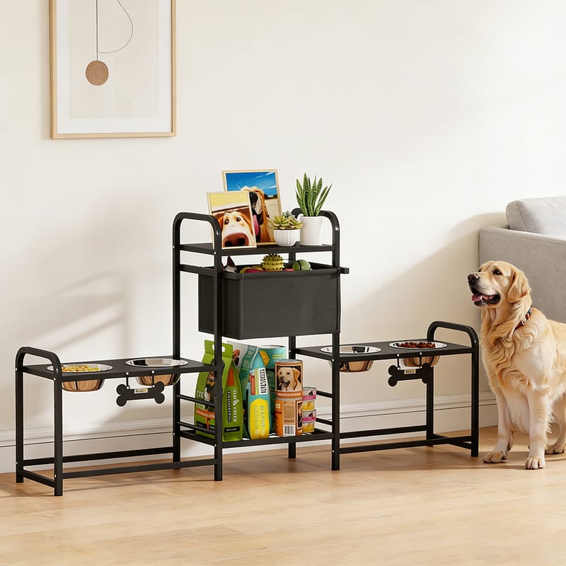 Height-Adjustable Dog Feeding Station with 4 Bowls & Toy Bin
