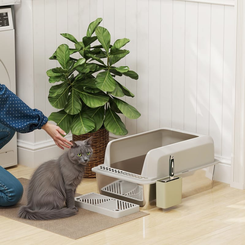 Stainless Steel Litter Box with Scoop & Holder, High Sided