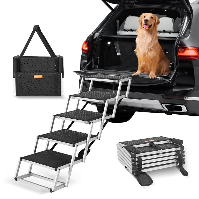 5-Step Folding Dog Stairs for Cars, Aluminum, Holds Up to 150 Lbs