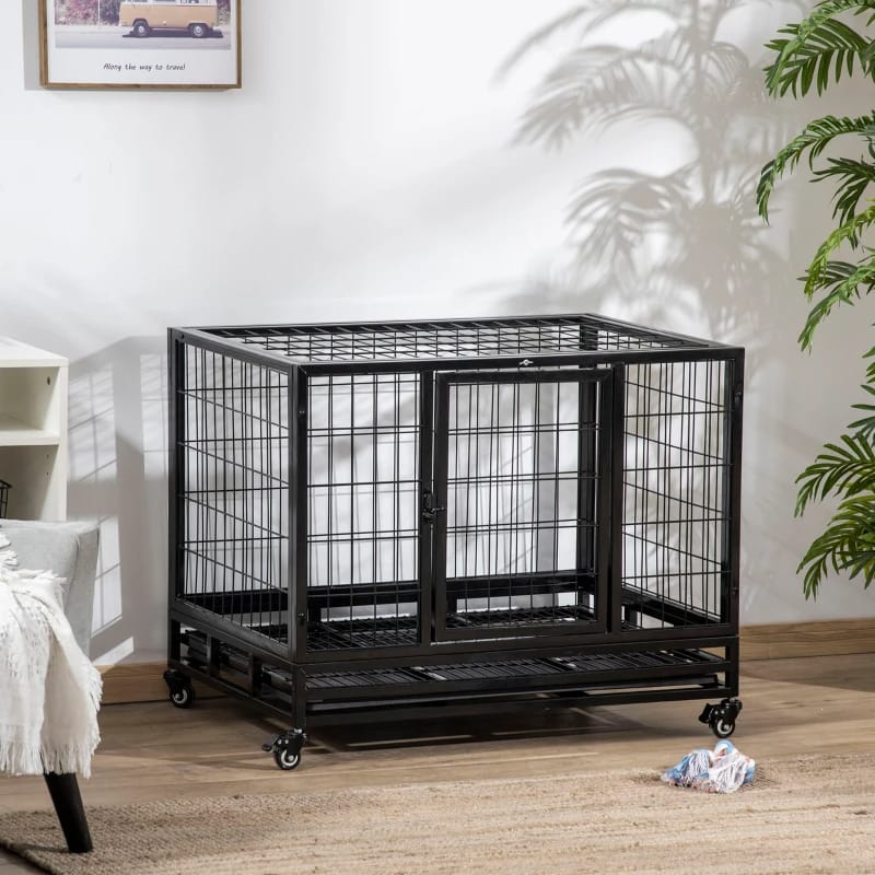 Heavy Duty Dog Crate with Removable Tray, Lockable Wheels & Double Door, Black