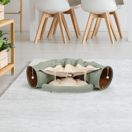 Collapsible Cat Tunnel Bed with Hanging Toys and Cushion