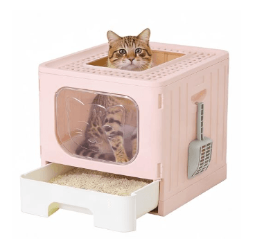 Covered Foldable Cat Litter Box With Drawer And Scoop