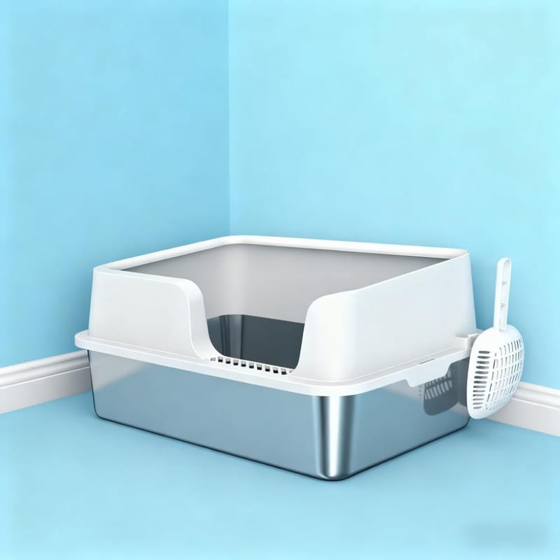 High-Sided Stainless Steel Cat Litter Box With Scoop For Big Cats