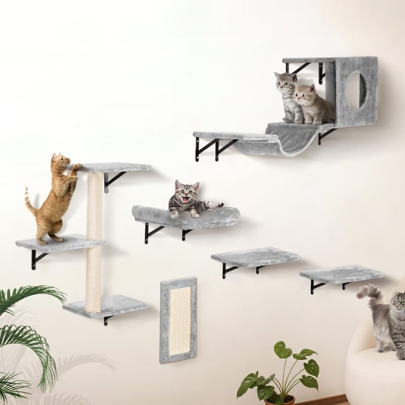 Wall-Mounted Cat Shelves with Jump Boards, Hammock & Sofa, Set of 6