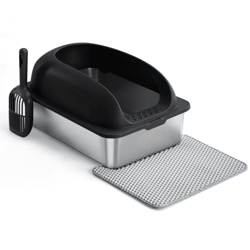 Large Stainless Steel Cat Litter Box with Lid, Scoop & Mat, Black