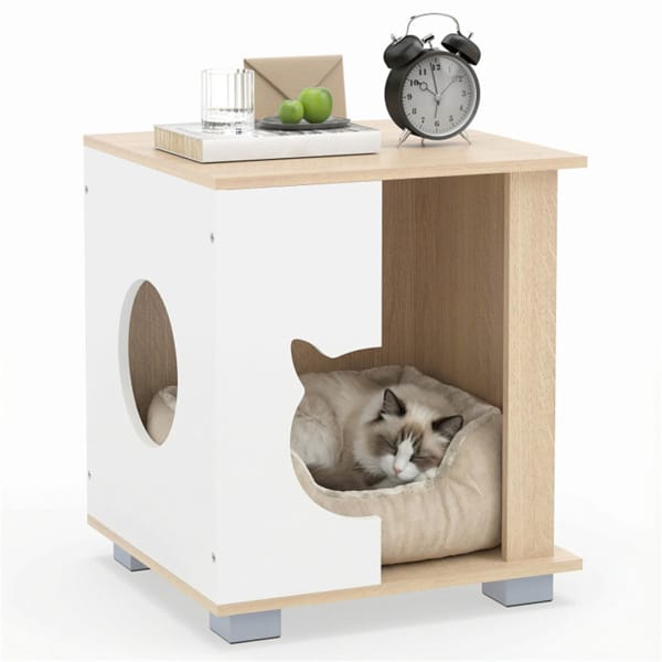 Wooden Cat House Nightstand With Metal Base