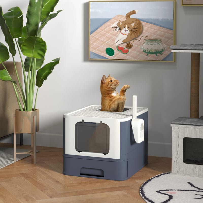 Covered Cat Litter Box With Front Entry And Top Exit, White