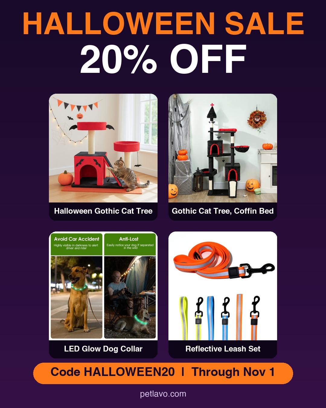 Halloween sale: gothic cat trees, LED glow dog collar and reflective leash, 20% off with code HALLOWEEN20